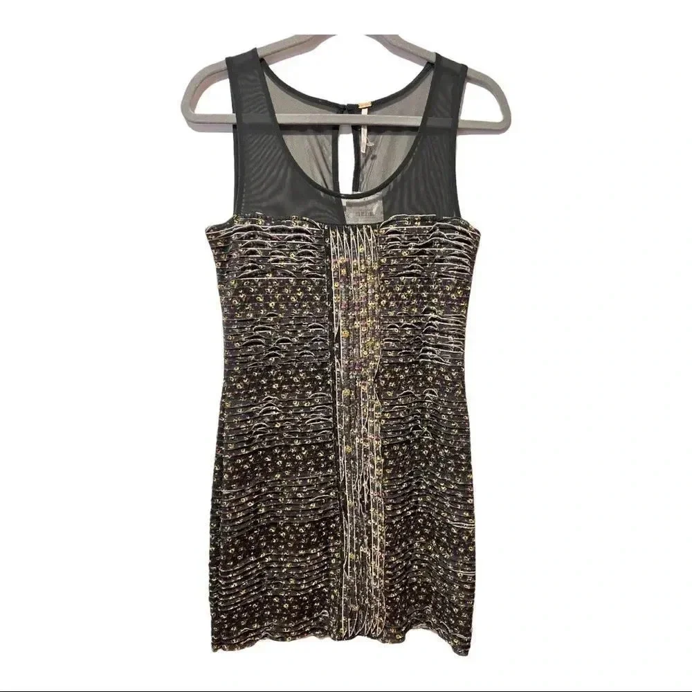 FREE PEOPLE Gray Floral Sleeveless Ruffle Shimmy Bodycon Mini Dress Small